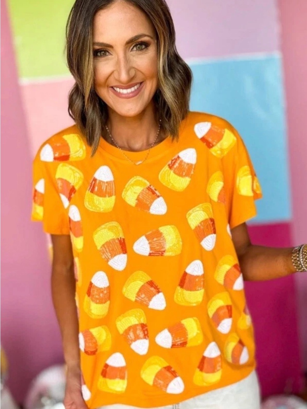 🎃Fabulous Queen Of Sparkles XL (Oversized) Candy Corn Sequined Tee EUC - Picture 7 of 10